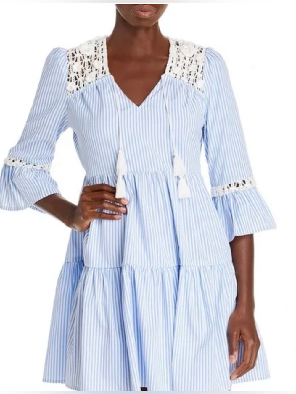 Aqua Light Blue and White Striped Crochet-Yoke Tiered Dress